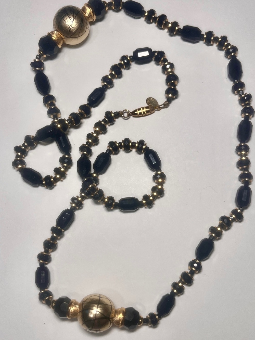 Sandra Davis Vintage 80s Black & Gold Long Beaded Statement Necklace